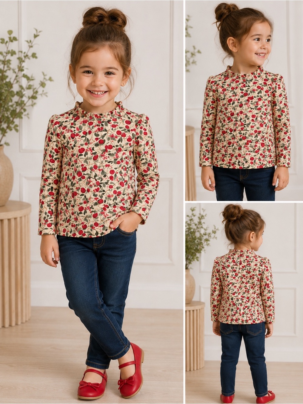 Girls' Cream Floral Long-Sleeve Ruffle Neck Top